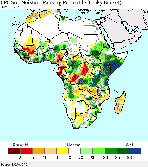 Africa CPC Soil Moisture Ranking Percentile (Leaky Bucket) Thematic Map For 12/21/2023 - 12/25/2023