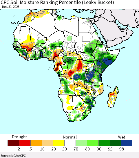 Africa CPC Soil Moisture Ranking Percentile (Leaky Bucket) Thematic Map For 12/26/2023 - 12/31/2023