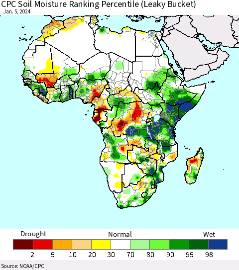 Africa CPC Soil Moisture Ranking Percentile (Leaky Bucket) Thematic Map For 1/1/2024 - 1/5/2024