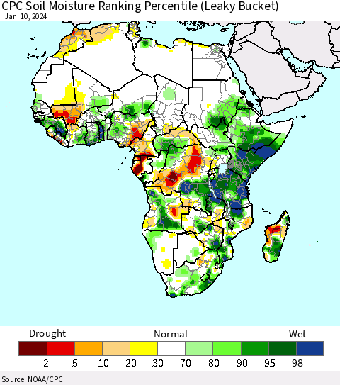 Africa CPC Soil Moisture Ranking Percentile (Leaky Bucket) Thematic Map For 1/6/2024 - 1/10/2024