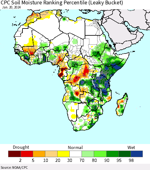 Africa CPC Soil Moisture Ranking Percentile (Leaky Bucket) Thematic Map For 1/16/2024 - 1/20/2024
