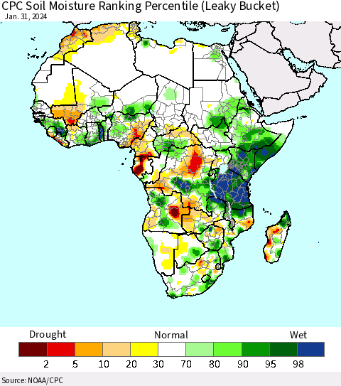 Africa CPC Soil Moisture Ranking Percentile (Leaky Bucket) Thematic Map For 1/26/2024 - 1/31/2024