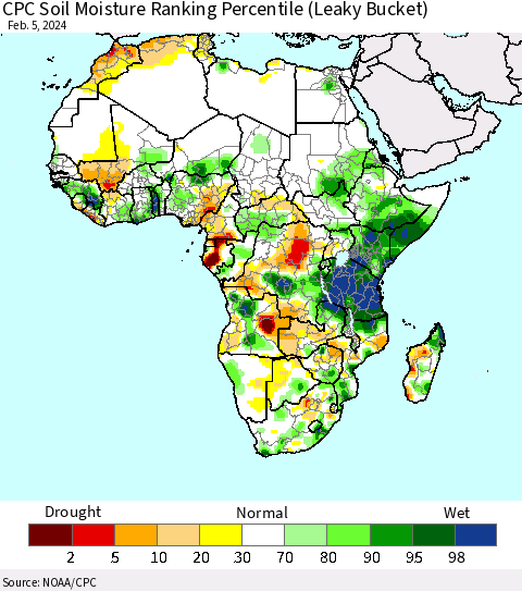 Africa CPC Soil Moisture Ranking Percentile (Leaky Bucket) Thematic Map For 2/1/2024 - 2/5/2024