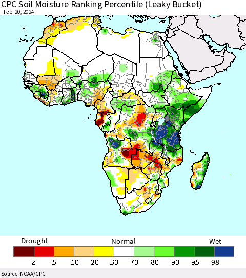 Africa CPC Soil Moisture Ranking Percentile (Leaky Bucket) Thematic Map For 2/16/2024 - 2/20/2024