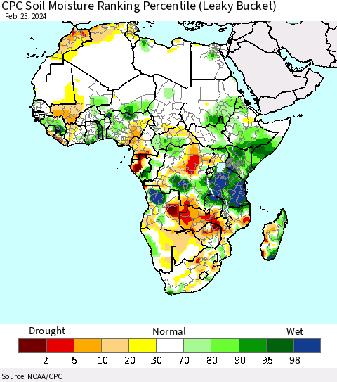 Africa CPC Soil Moisture Ranking Percentile (Leaky Bucket) Thematic Map For 2/21/2024 - 2/25/2024