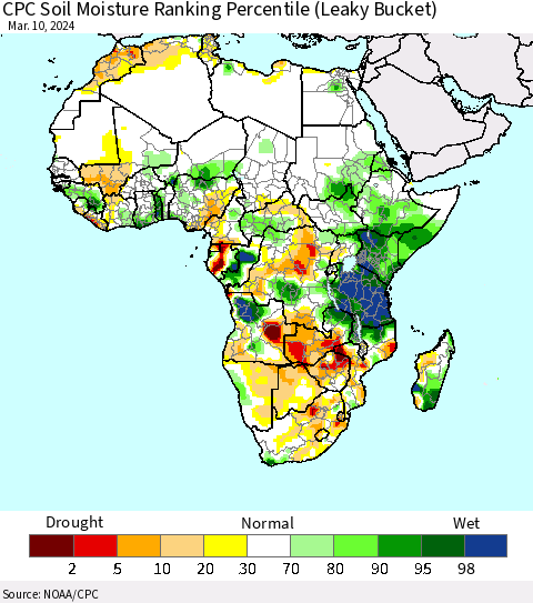Africa CPC Soil Moisture Ranking Percentile (Leaky Bucket) Thematic Map For 3/6/2024 - 3/10/2024