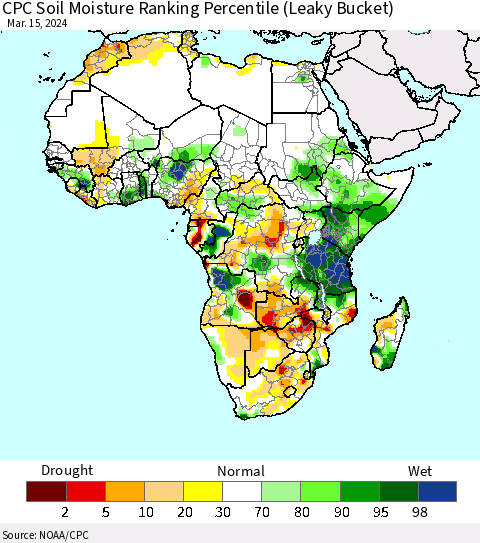Africa CPC Soil Moisture Ranking Percentile (Leaky Bucket) Thematic Map For 3/11/2024 - 3/15/2024