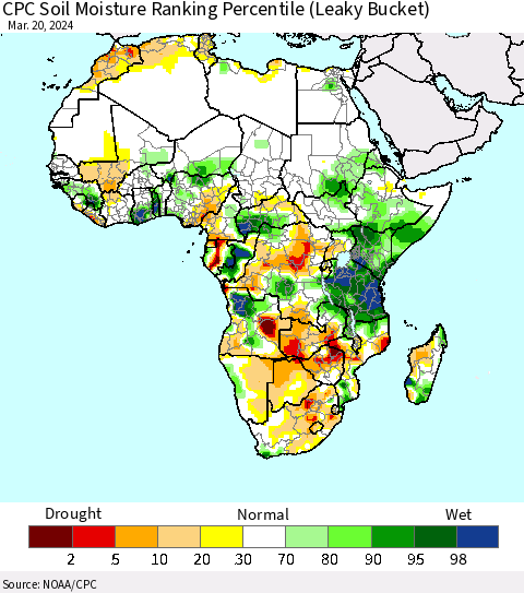 Africa CPC Soil Moisture Ranking Percentile (Leaky Bucket) Thematic Map For 3/16/2024 - 3/20/2024