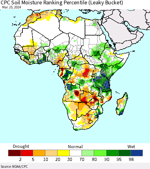 Africa CPC Soil Moisture Ranking Percentile (Leaky Bucket) Thematic Map For 3/21/2024 - 3/25/2024