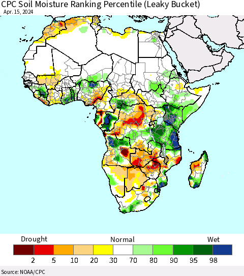 Africa CPC Soil Moisture Ranking Percentile (Leaky Bucket) Thematic Map For 4/11/2024 - 4/15/2024