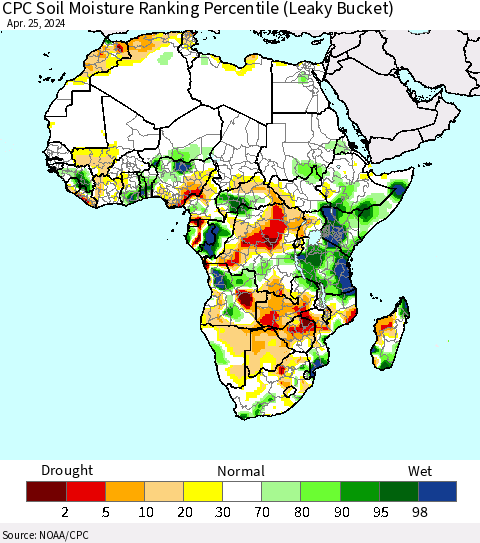 Africa CPC Soil Moisture Ranking Percentile (Leaky Bucket) Thematic Map For 4/21/2024 - 4/25/2024