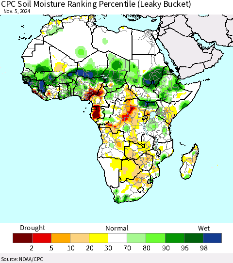 Africa CPC Soil Moisture Ranking Percentile (Leaky Bucket) Thematic Map For 11/1/2024 - 11/5/2024