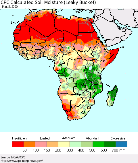 Africa CPC Calculated Soil Moisture (Leaky Bucket) Thematic Map For 3/1/2020 - 3/5/2020