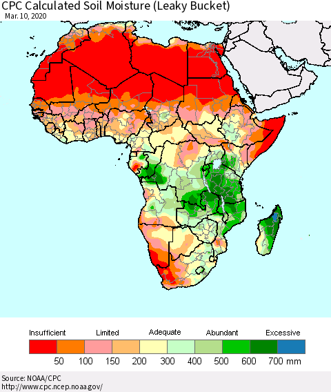 Africa CPC Calculated Soil Moisture (Leaky Bucket) Thematic Map For 3/6/2020 - 3/10/2020