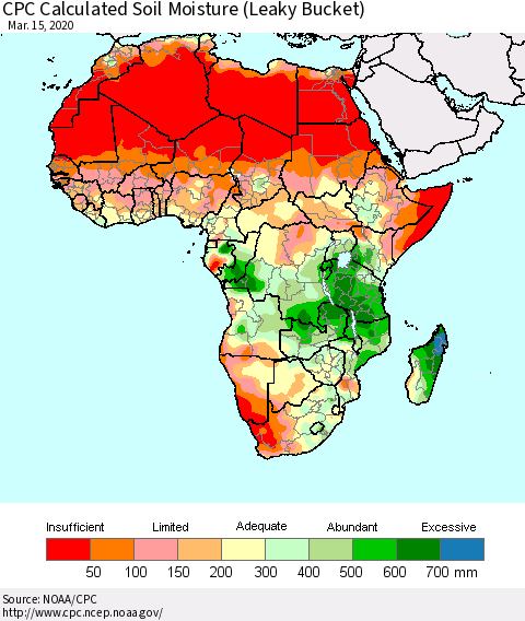 Africa CPC Calculated Soil Moisture (Leaky Bucket) Thematic Map For 3/11/2020 - 3/15/2020