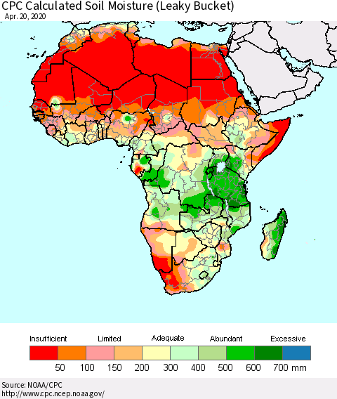Africa CPC Calculated Soil Moisture (Leaky Bucket) Thematic Map For 4/16/2020 - 4/20/2020