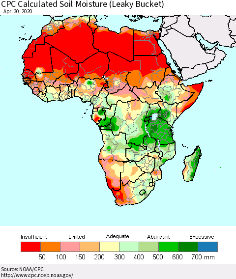 Africa CPC Calculated Soil Moisture (Leaky Bucket) Thematic Map For 4/26/2020 - 4/30/2020