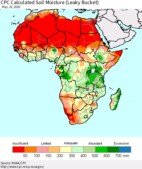 Africa CPC Calculated Soil Moisture (Leaky Bucket) Thematic Map For 5/21/2020 - 5/25/2020