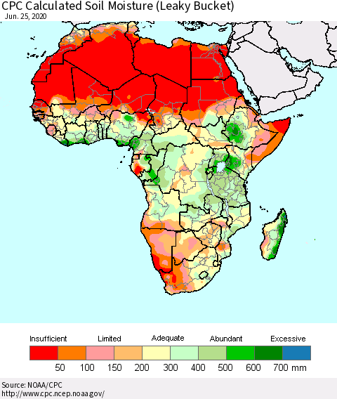 Africa CPC Calculated Soil Moisture (Leaky Bucket) Thematic Map For 6/21/2020 - 6/25/2020
