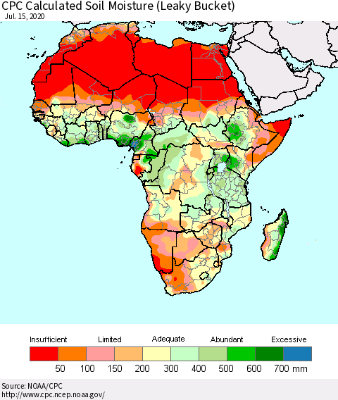 Africa CPC Calculated Soil Moisture (Leaky Bucket) Thematic Map For 7/11/2020 - 7/15/2020