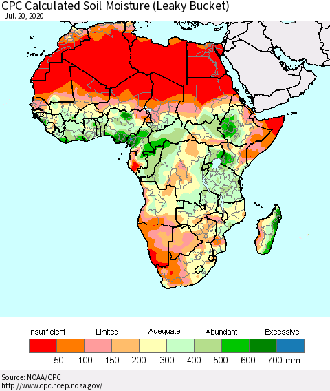 Africa CPC Calculated Soil Moisture (Leaky Bucket) Thematic Map For 7/16/2020 - 7/20/2020