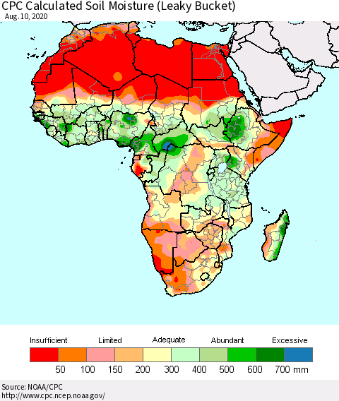 Africa CPC Calculated Soil Moisture (Leaky Bucket) Thematic Map For 8/6/2020 - 8/10/2020