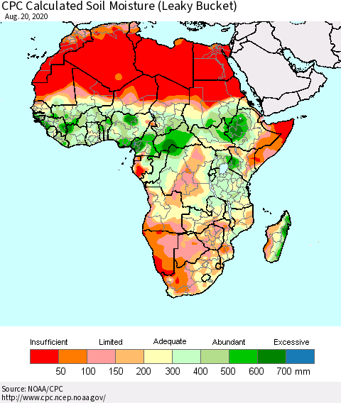Africa CPC Calculated Soil Moisture (Leaky Bucket) Thematic Map For 8/16/2020 - 8/20/2020