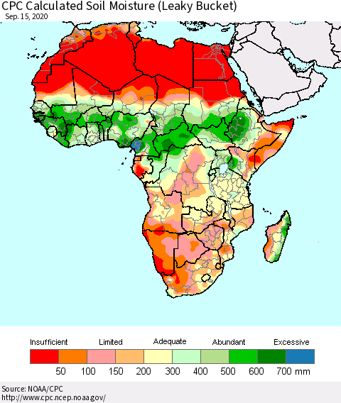 Africa CPC Calculated Soil Moisture (Leaky Bucket) Thematic Map For 9/11/2020 - 9/15/2020