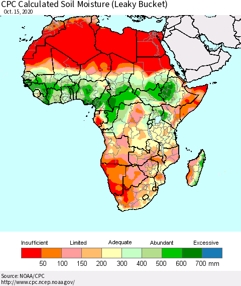 Africa CPC Calculated Soil Moisture (Leaky Bucket) Thematic Map For 10/11/2020 - 10/15/2020