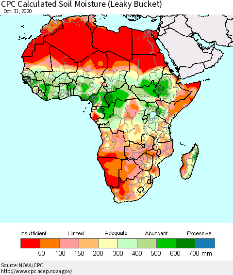 Africa CPC Calculated Soil Moisture (Leaky Bucket) Thematic Map For 10/26/2020 - 10/31/2020