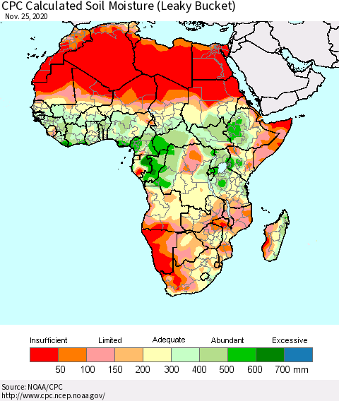 Africa CPC Calculated Soil Moisture (Leaky Bucket) Thematic Map For 11/21/2020 - 11/25/2020