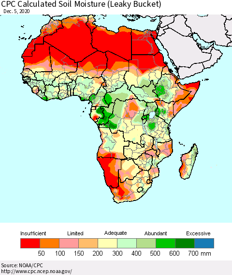 Africa CPC Calculated Soil Moisture (Leaky Bucket) Thematic Map For 12/1/2020 - 12/5/2020
