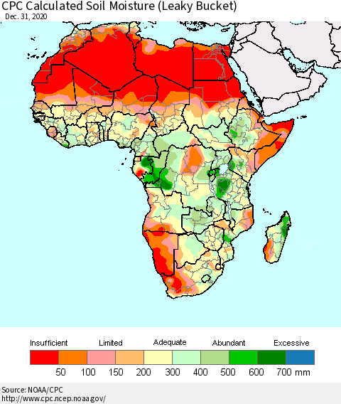Africa CPC Soil Moisture (Leaky Bucket) Thematic Map For 12/26/2020 - 12/31/2020