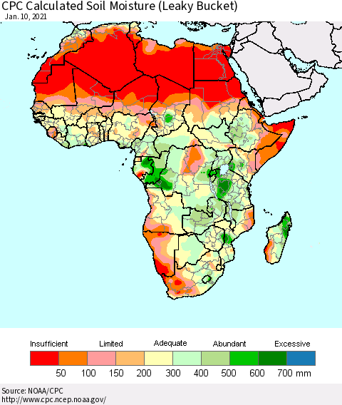 Africa CPC Calculated Soil Moisture (Leaky Bucket) Thematic Map For 1/6/2021 - 1/10/2021