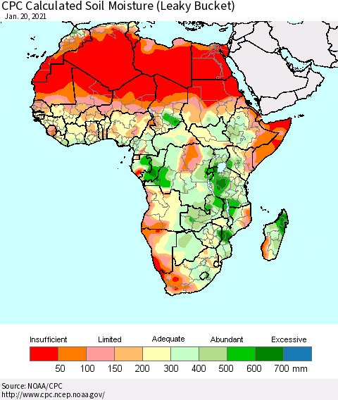 Africa CPC Calculated Soil Moisture (Leaky Bucket) Thematic Map For 1/16/2021 - 1/20/2021