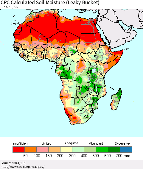 Africa CPC Calculated Soil Moisture (Leaky Bucket) Thematic Map For 1/26/2021 - 1/31/2021
