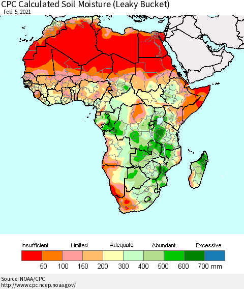 Africa CPC Calculated Soil Moisture (Leaky Bucket) Thematic Map For 2/1/2021 - 2/5/2021
