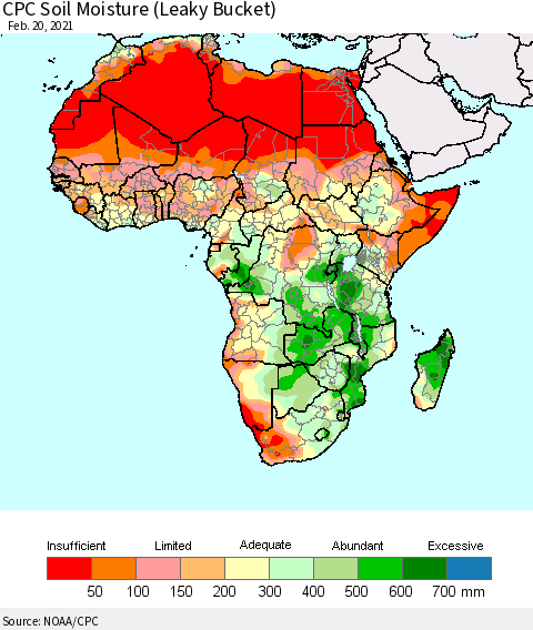 Africa CPC Soil Moisture (Leaky Bucket) Thematic Map For 2/16/2021 - 2/20/2021