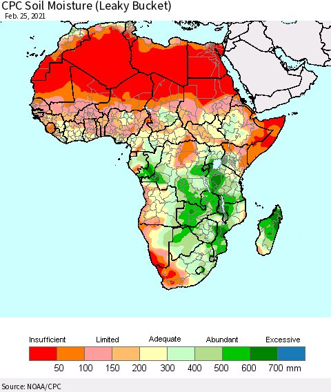 Africa CPC Calculated Soil Moisture (Leaky Bucket) Thematic Map For 2/21/2021 - 2/25/2021