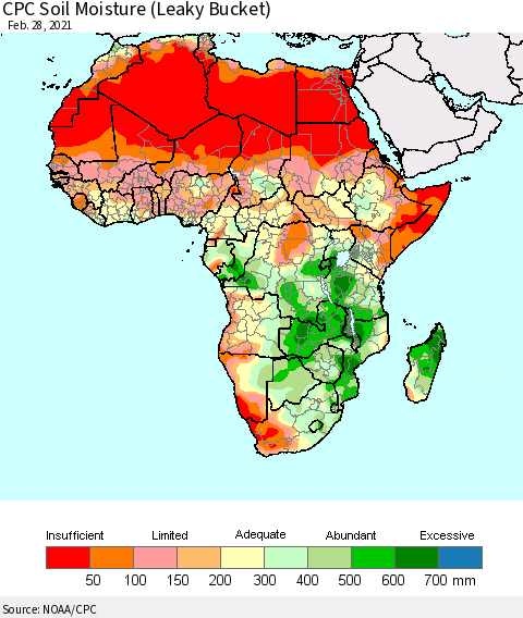 Africa CPC Soil Moisture (Leaky Bucket) Thematic Map For 2/26/2021 - 2/28/2021