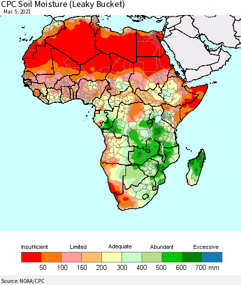 Africa CPC Calculated Soil Moisture (Leaky Bucket) Thematic Map For 3/1/2021 - 3/5/2021