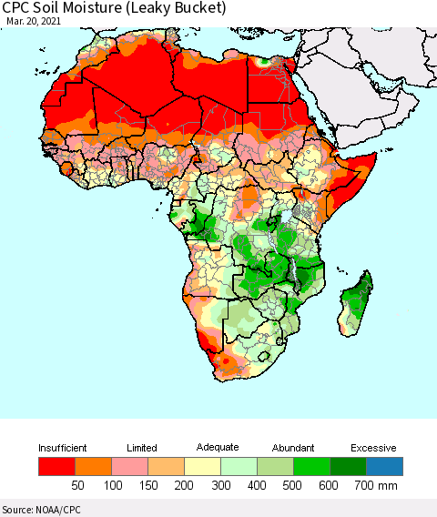 Africa CPC Calculated Soil Moisture (Leaky Bucket) Thematic Map For 3/16/2021 - 3/20/2021