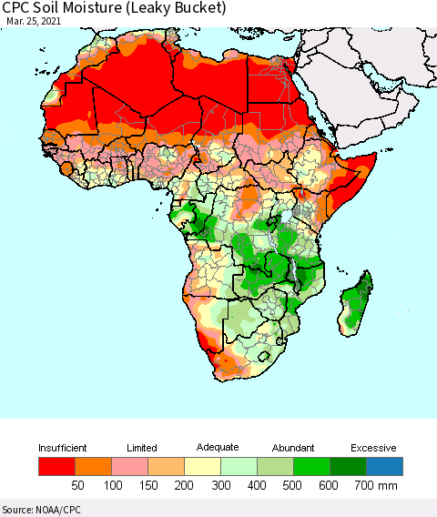 Africa CPC Calculated Soil Moisture (Leaky Bucket) Thematic Map For 3/21/2021 - 3/25/2021