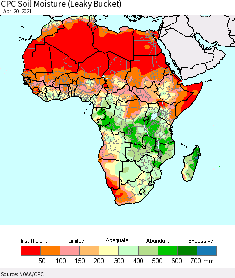 Africa CPC Calculated Soil Moisture (Leaky Bucket) Thematic Map For 4/16/2021 - 4/20/2021