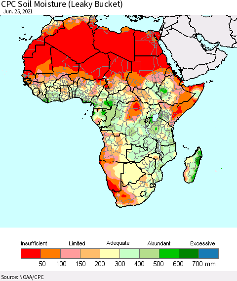 Africa CPC Calculated Soil Moisture (Leaky Bucket) Thematic Map For 6/21/2021 - 6/25/2021