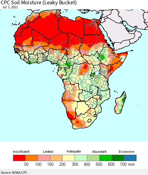 Africa CPC Calculated Soil Moisture (Leaky Bucket) Thematic Map For 7/1/2021 - 7/5/2021