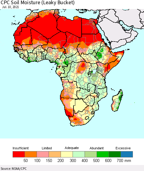 Africa CPC Calculated Soil Moisture (Leaky Bucket) Thematic Map For 7/6/2021 - 7/10/2021