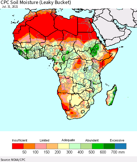 Africa CPC Calculated Soil Moisture (Leaky Bucket) Thematic Map For 7/26/2021 - 7/31/2021