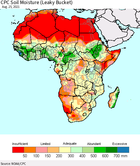 Africa CPC Calculated Soil Moisture (Leaky Bucket) Thematic Map For 8/21/2021 - 8/25/2021