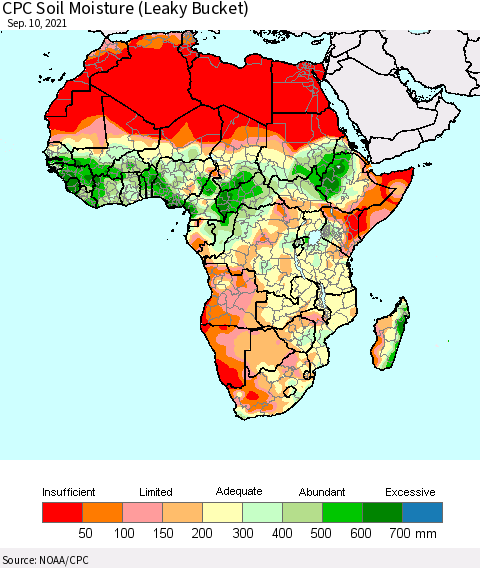 Africa CPC Calculated Soil Moisture (Leaky Bucket) Thematic Map For 9/6/2021 - 9/10/2021
